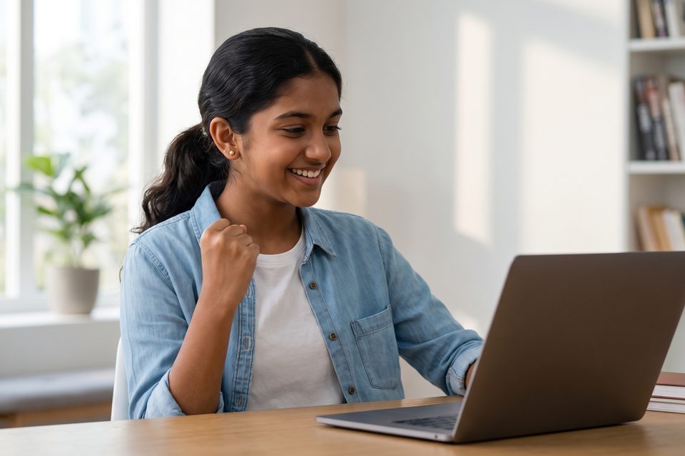 A teenage girl celebrates getting a question right at her study table