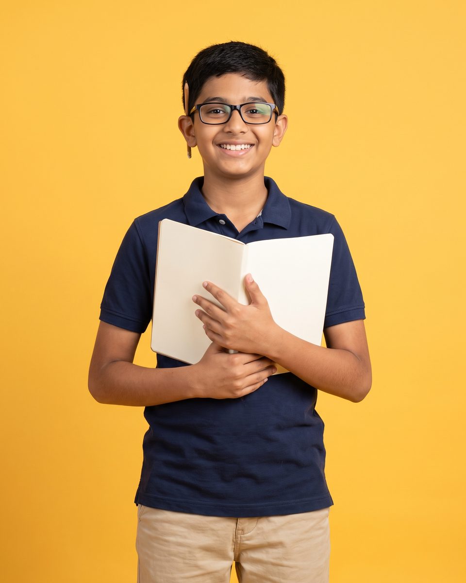 A grinning boy in glasses holds an open notebook against a yellow background