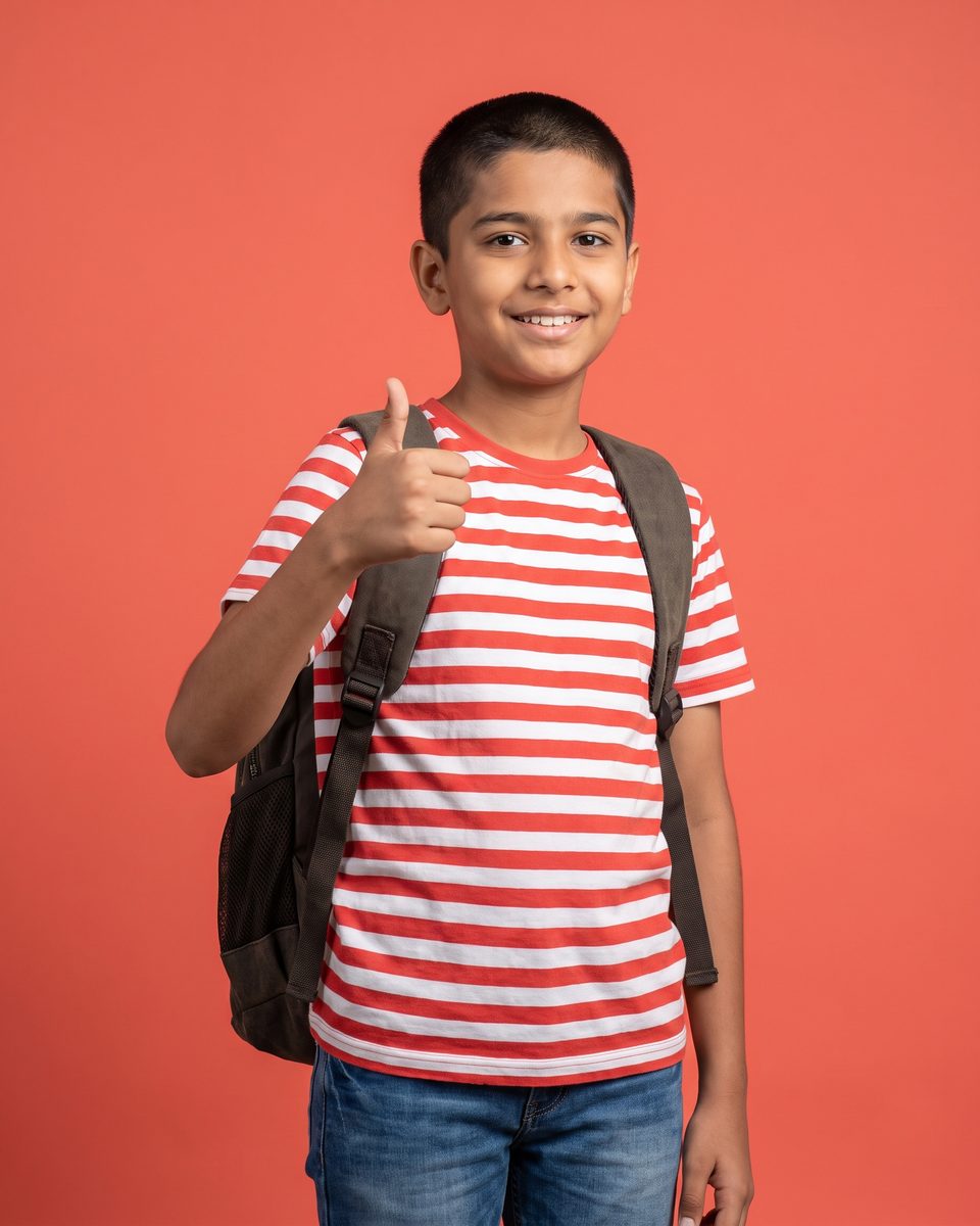 A grinning boy with a backpack gives a thumbs-up against a coral background