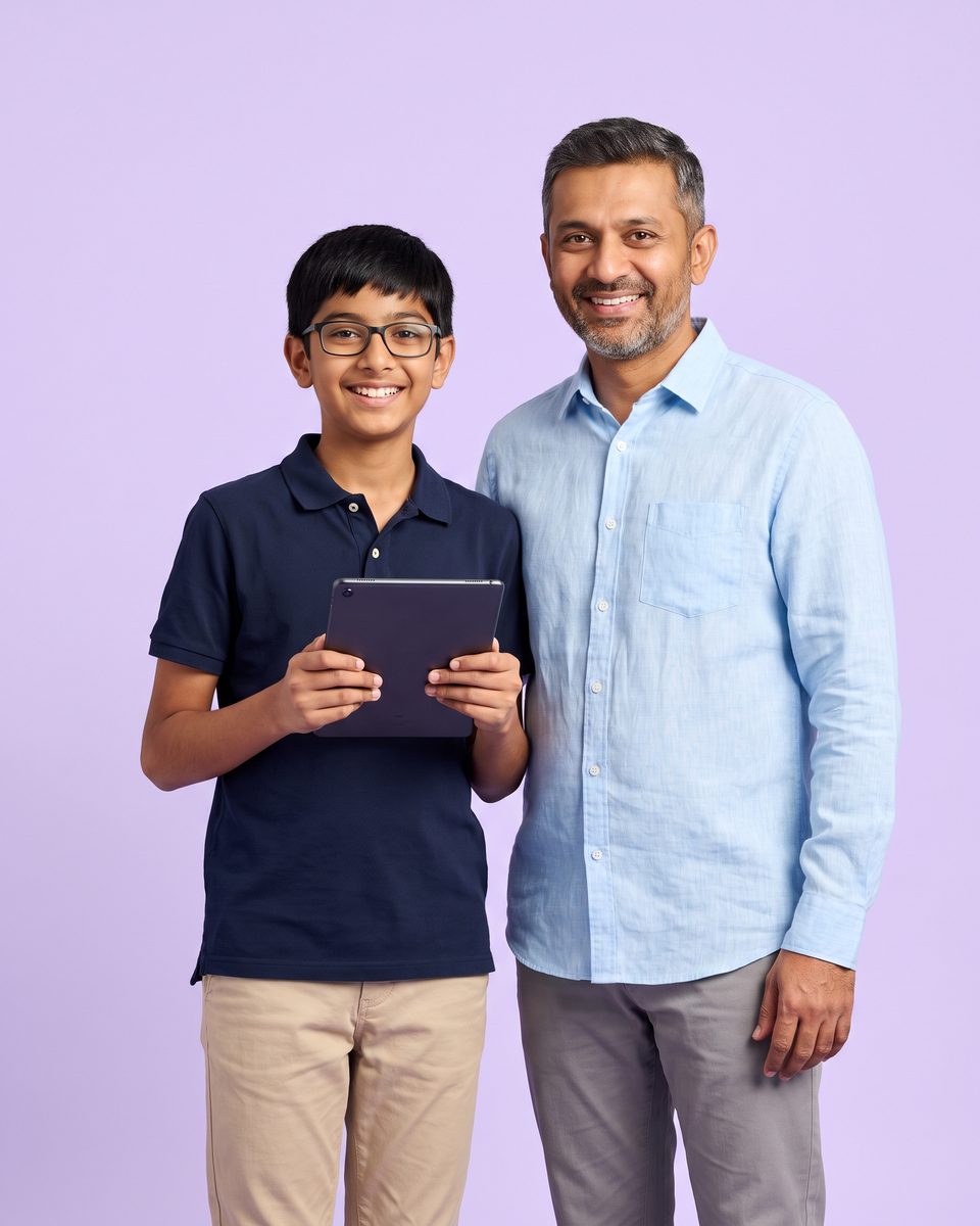 A grinning boy with a tablet and his smiling father against a lavender background