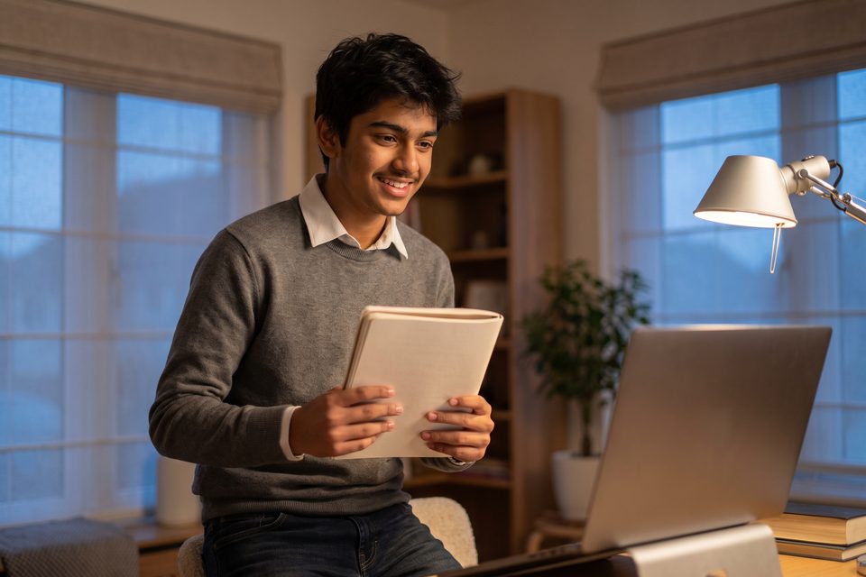 A teenage boy holds his notebook up to his laptop to show a tutor his working