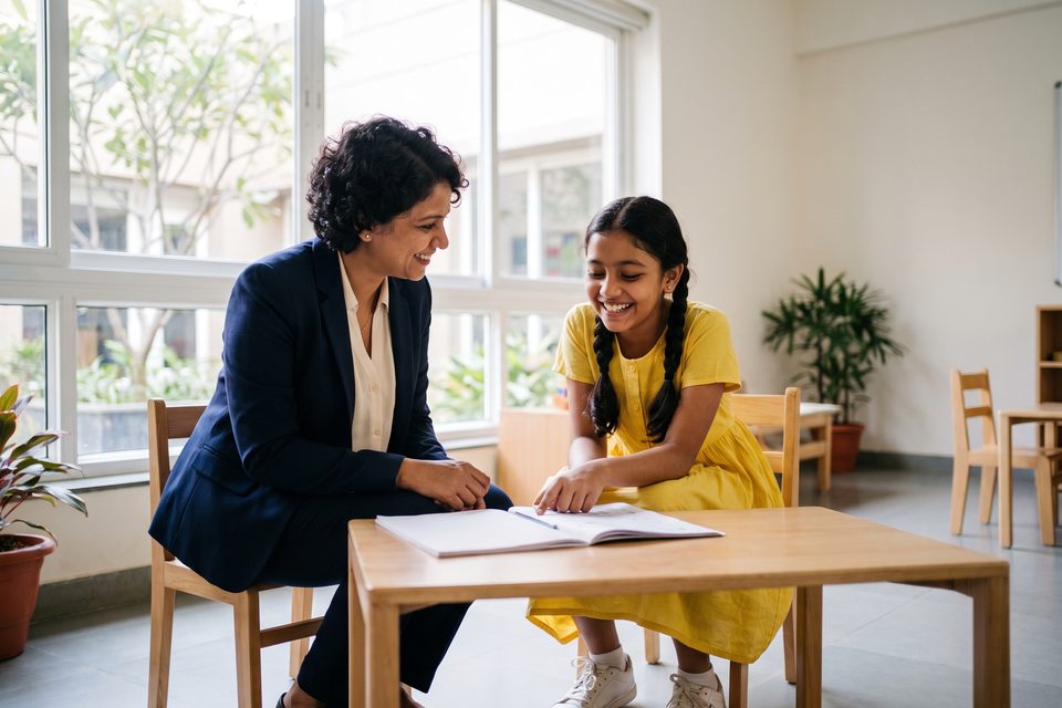 A teacher sits beside a young girl at a low table, the girl beginning to smile as she understands