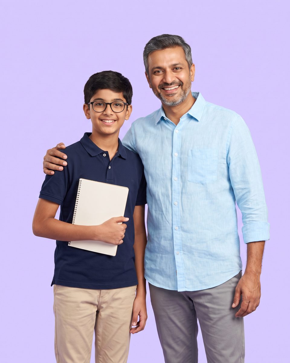 A smiling father with his arm around his son, who holds a notebook, against a lavender background