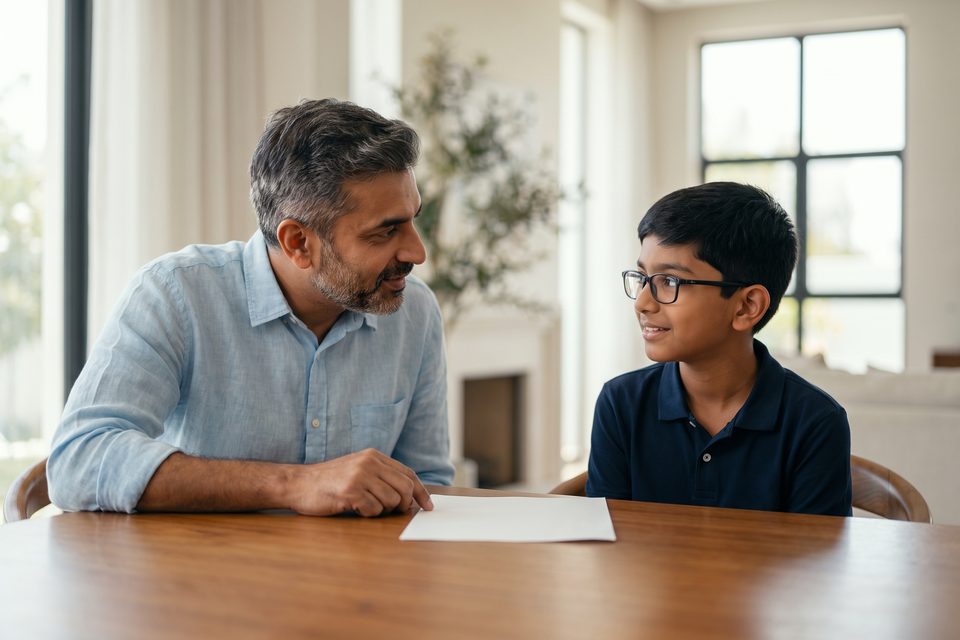 A father asks his son a question with interest while a test paper lies face down between them