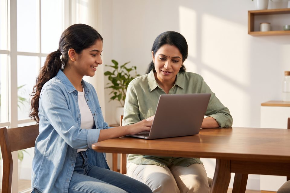 A mother reads along on her daughter's laptop at the dining table, relaxed