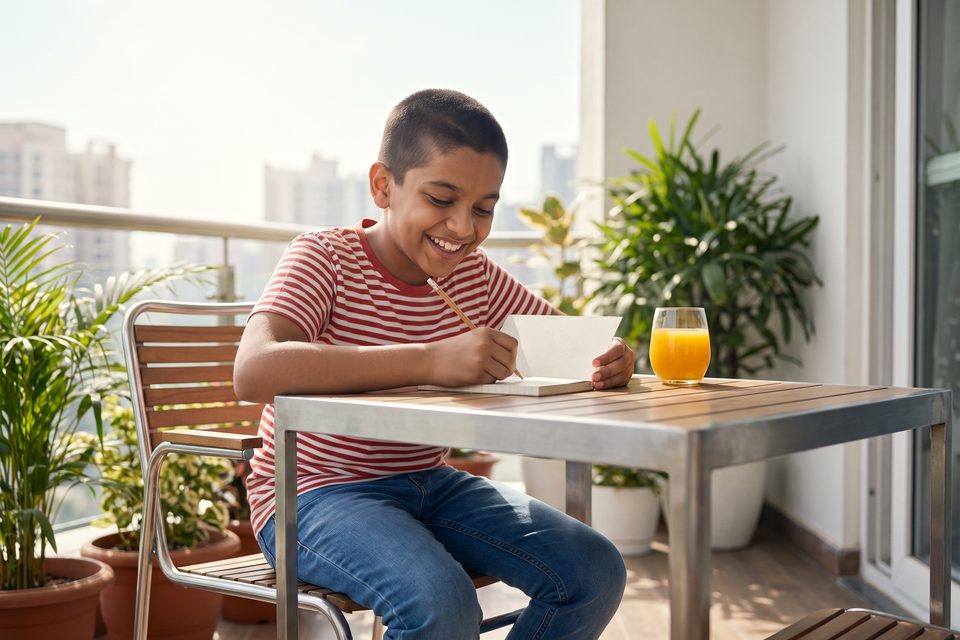 A boy ticks a small planner at a table on a bright balcony on a weekend morning