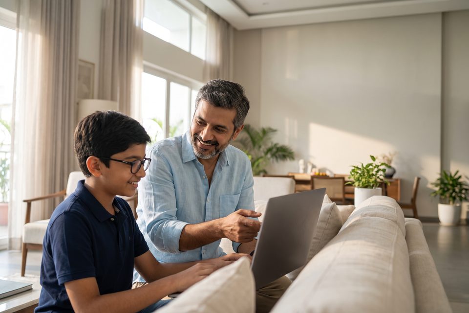 A father helps his son set up a laptop on a bright sofa