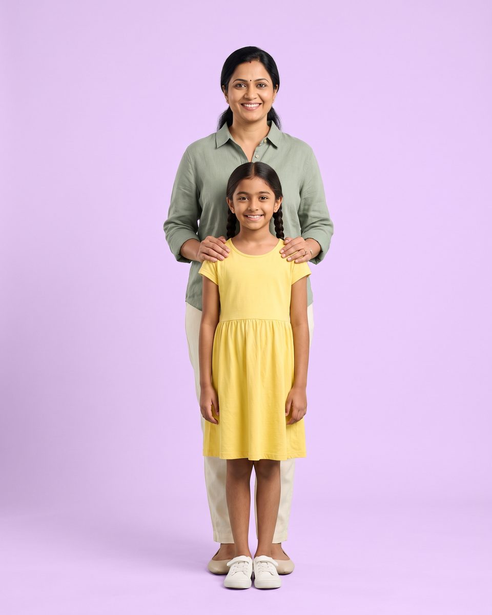 A smiling mother stands behind her young daughter, hands on her shoulders, against a lavender background