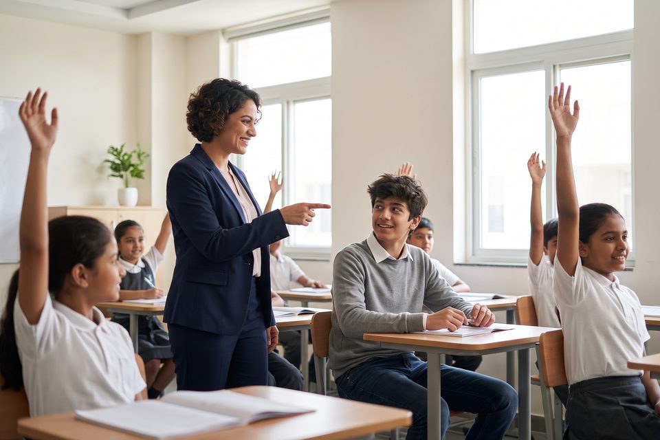 Eager students raise their hands in a bright modern classroom