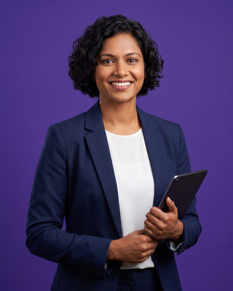 A confident, smiling teacher holds a tablet against a purple background