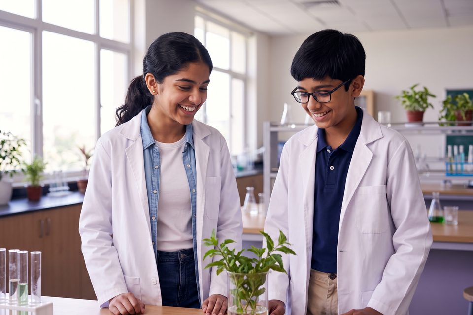 Two students in lab coats study a plant sample together in a bright science lab