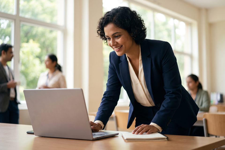 A teacher reviews her class on a laptop in a bright staff room