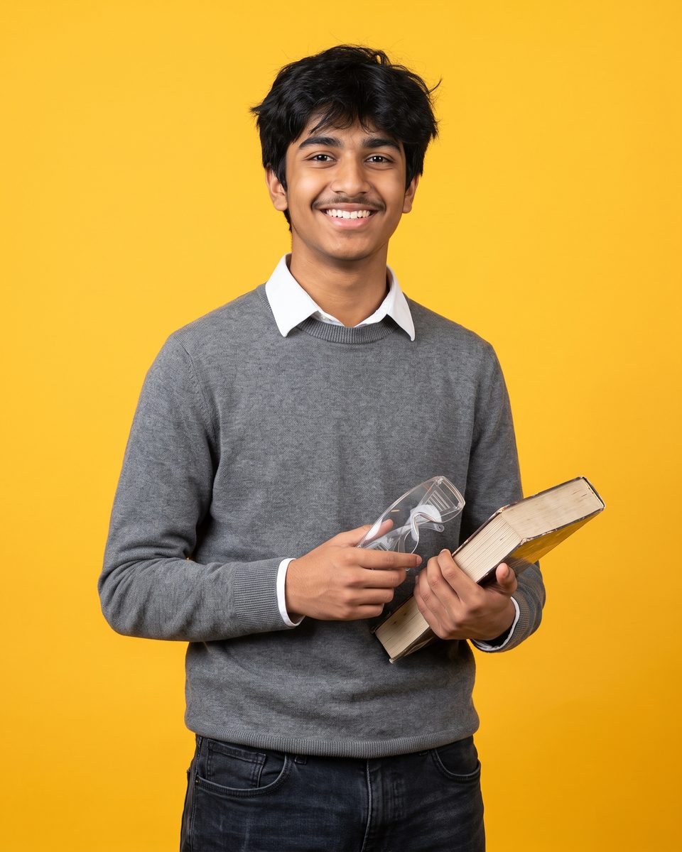 A smiling teenage boy holds a science book and goggles against a yellow background