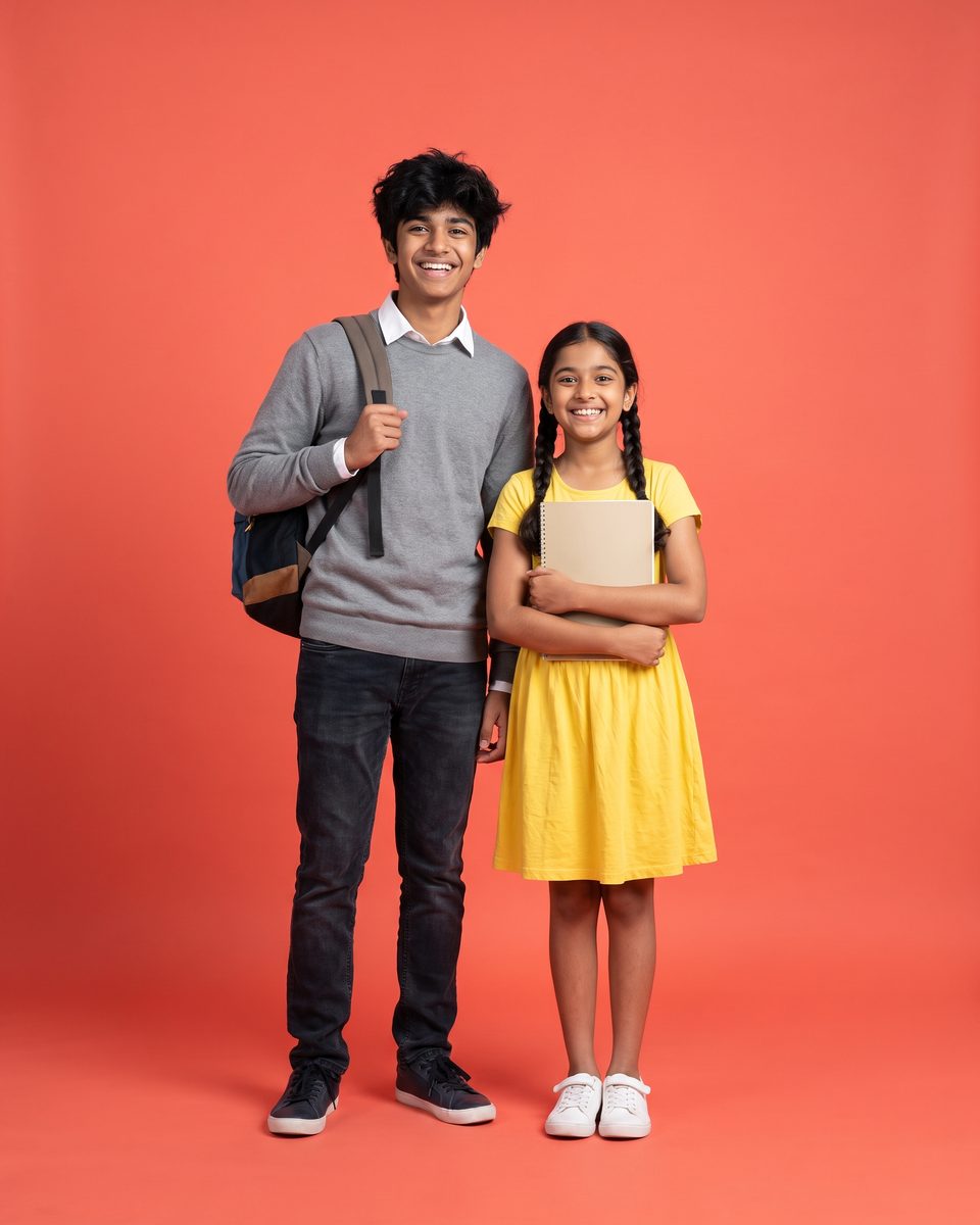 A grinning teenage boy with a backpack and a younger girl with a notebook against a coral background