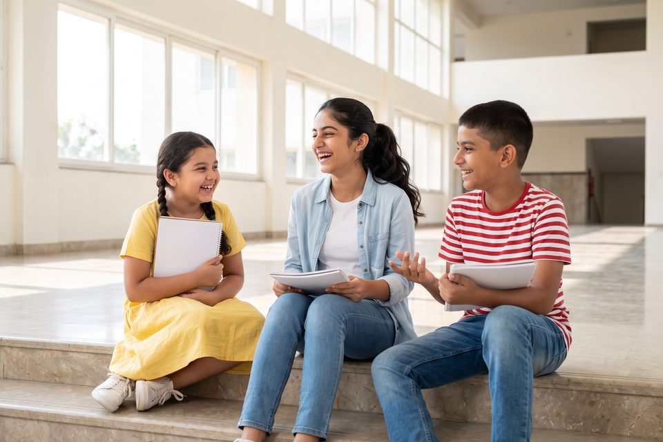 Three students in school uniform laugh together on bright school steps