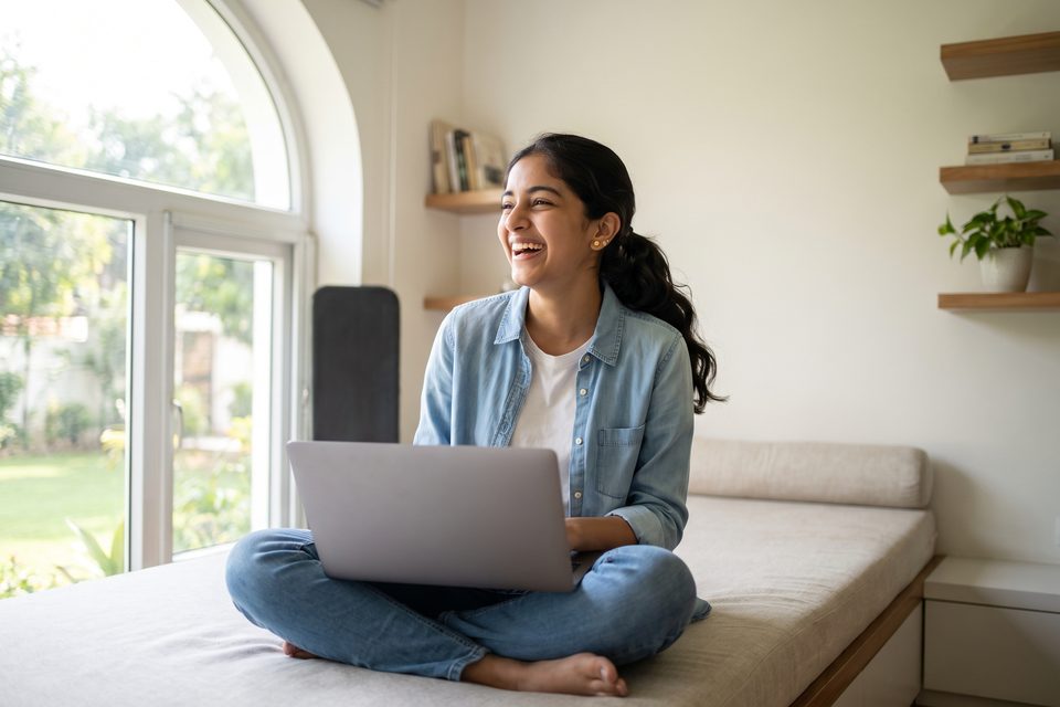 A teenage girl laughs with delight at her laptop on a sunny window seat