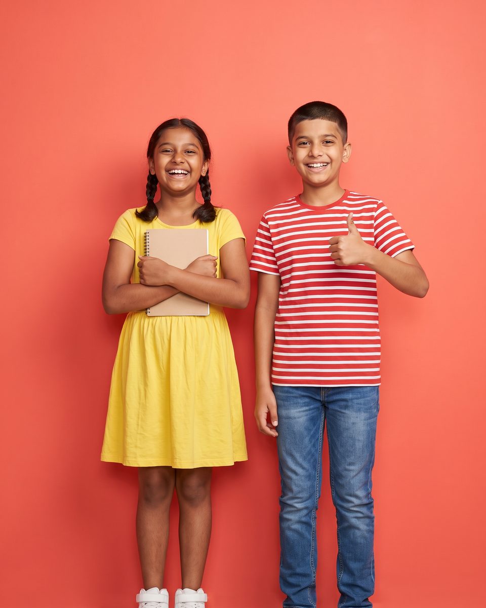 A laughing girl and boy, one giving a thumbs-up, against a coral background