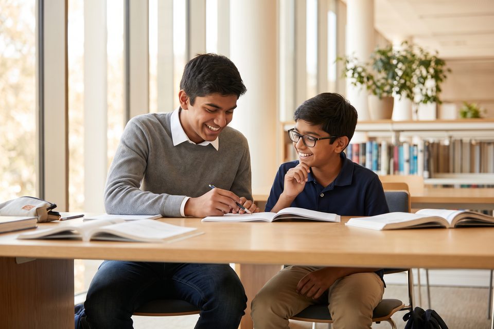An older boy helps a younger boy with a problem in a bright school library