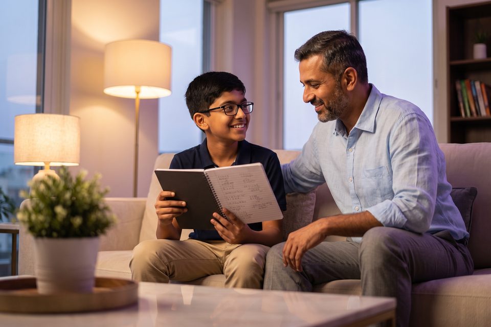 A boy proudly shows his father a solved problem in a warm living room