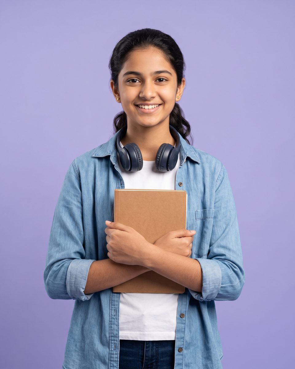 A smiling teenage girl with headphones round her neck holds a notebook against a lavender background