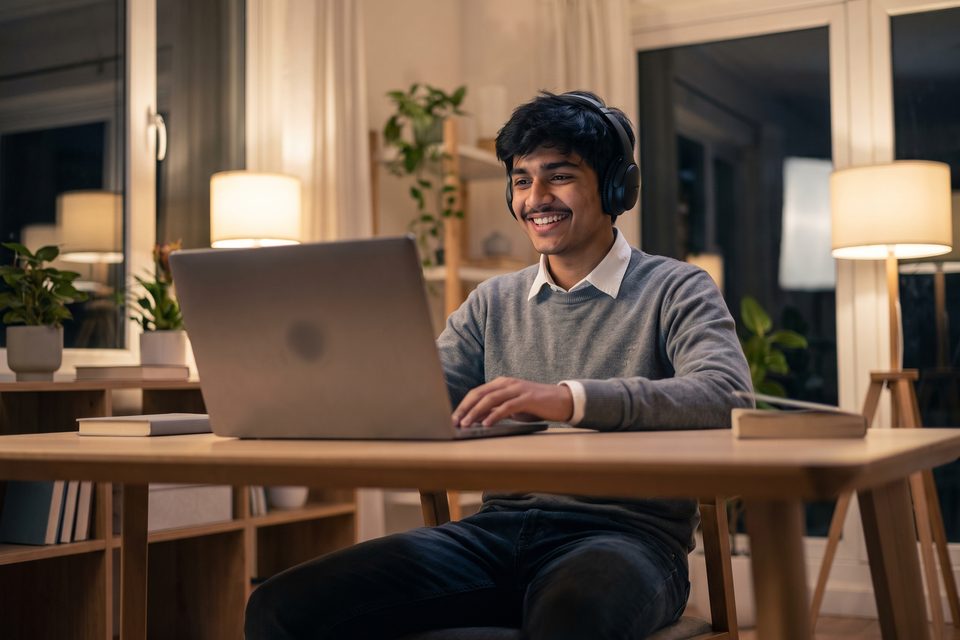 A teenage boy with headphones nods and smiles during an online tutoring session